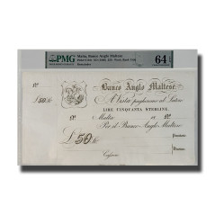 1880 Malta, Banco Anglo Maltese 50 Pounds Pick S116r-PMG64